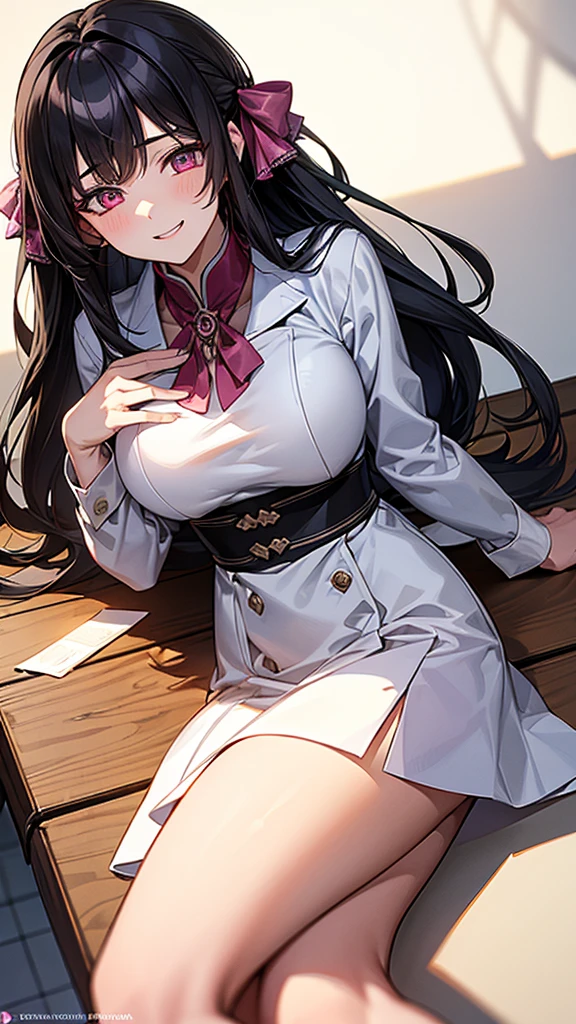 ((Tabletop, Highest quality, High resolution, , Pixel Perfect, 4K,))), 1 female, 、The whole body is visible、 ((Long Wavy Hair, bangs, Brown Hair)), ((Brown eyes, Beautiful eyelashes, Realistic eyes)), ((Detailed face, Blushing:1.2)), ((Smooth texture:0.75, Realistic texture:0.65, Realistic:1.1, Anime CG Style)), Medium sized breasts, Dynamic Angle, Perfect body, (( , , Beautiful Priest、、 Priest off-shoulder jacket、Priest Flare Skirt、、)), Gold Hair Ornament、Cross Necklace、、Very embarrassing panic smile, 、Gorgeous church basilica、Church Bed、Lying in bed、、Hold a big Bible、、Nipples are slightly visible、、Lace panties are visible、、、、、 、Angle from below)、