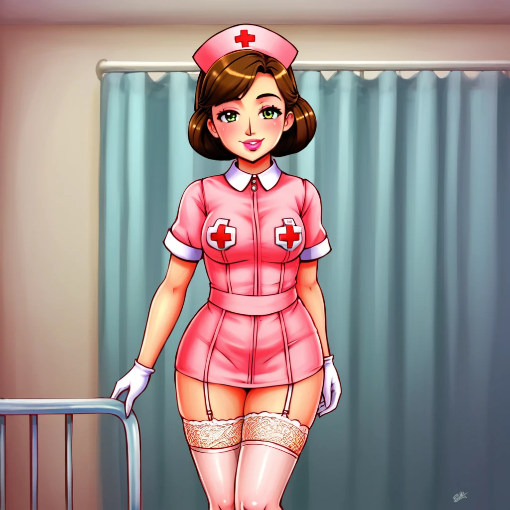 slutty floozy 1girl , solo, whore floozy sleazy lacivious nurse lingerie using pantyhoose, nurse cap, low pink wear, ((low ping legwear, zettai ryouiki)), white gloves,extremely detailed lace lingerie, drooping eyes, pink lips, smile, standing, ((hospital room)), sharp outline, short sleeves, young female, 18 years old, best quality, masterpiece painted by ilya kuvshinov, gaston bussiere, craig mullins, hajime sorayama alphonse mucha, artstation, Despite the provocative elements, the image remains tasteful, focusing on artistic expression and contrasting gothic horror vibes with vibrant paint splatters. The final product is a highly detailed, stylized oil photo, masterfully created with HDR technology and 8k resolution.
