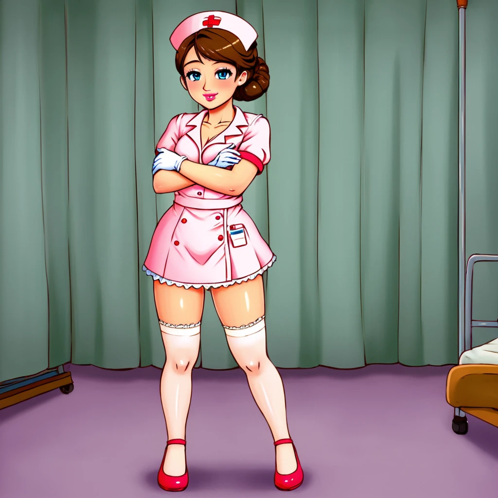 slutty floozy 1girl , solo, whore floozy sleazy lacivious nurse lingerie using pantyhoose, nurse cap, low pink wear, ((low ping legwear, zettai ryouiki)), white gloves,extremely detailed lace lingerie, drooping eyes, pink lips, smile, standing, ((hospital room)), sharp outline, short sleeves, young female, 18 years old, best quality, masterpiece painted by ilya kuvshinov, gaston bussiere, craig mullins, hajime sorayama alphonse mucha, artstation, Despite the provocative elements, the image remains tasteful, focusing on artistic expression and contrasting gothic horror vibes with vibrant paint splatters. The final product is a highly detailed, stylized oil photo, masterfully created with HDR technology and 8k resolution.
