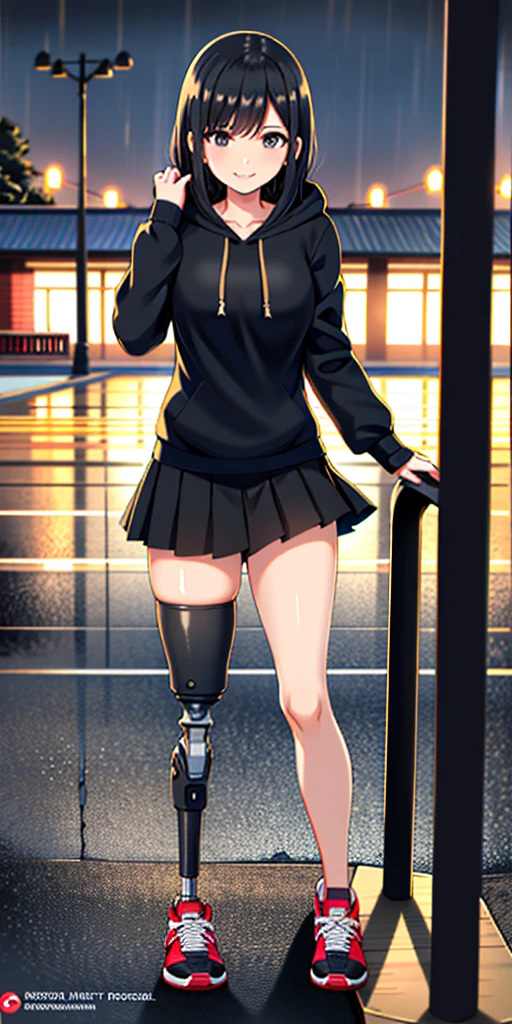 best quality, 1girl, solo, standing, train station, train station at night, rainy, rainy station, medium hair, black hair, straight hair, looking at viewer, medium breasts,  (prosthetic leg:1.2), full body, smiling, (skirt:1.2), sneakers, lycra skirt, oversized_hoddie, black oversized_hoddie. 