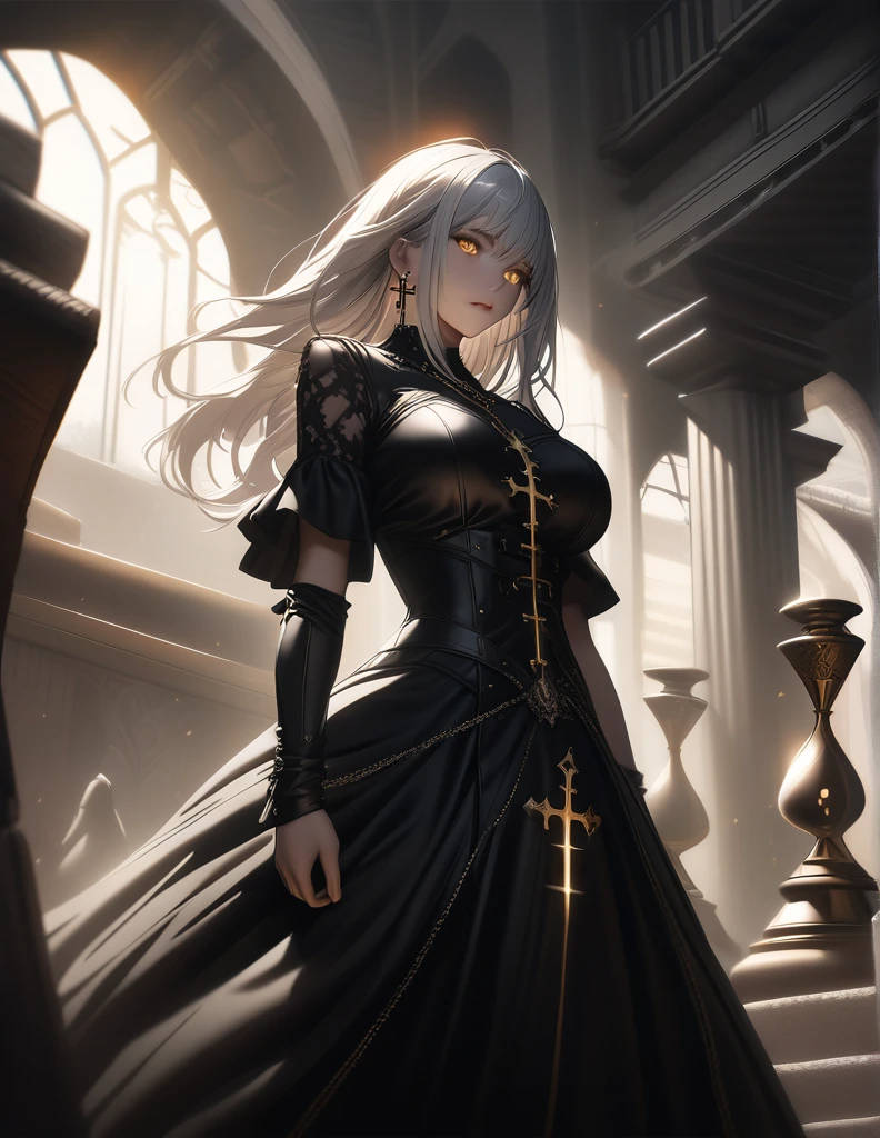 quality,8k,Highly detailed CG unit, masterpiece,High resolution,top-quality, real texture skin,Surreal,Increase the resolution,RAW Photos,最高quality,Very detailed,From below,Cool Beauty,Glamour Women, Cute pose,Gothic_dress,Red accent embroidery,long hair shining white, Mysteriously glowing crimson eyes, Queen, world, Crystal Flower,Sparkling stained glass like a kaleidoscope,Majestic cathedral,Layered skirt with details, Detailed embroidery, Very layered ruffles, Detailed Texture,A geometric magic circle above your head,Ornamented silver staff,hidden　Forbidden　Sanctuary,