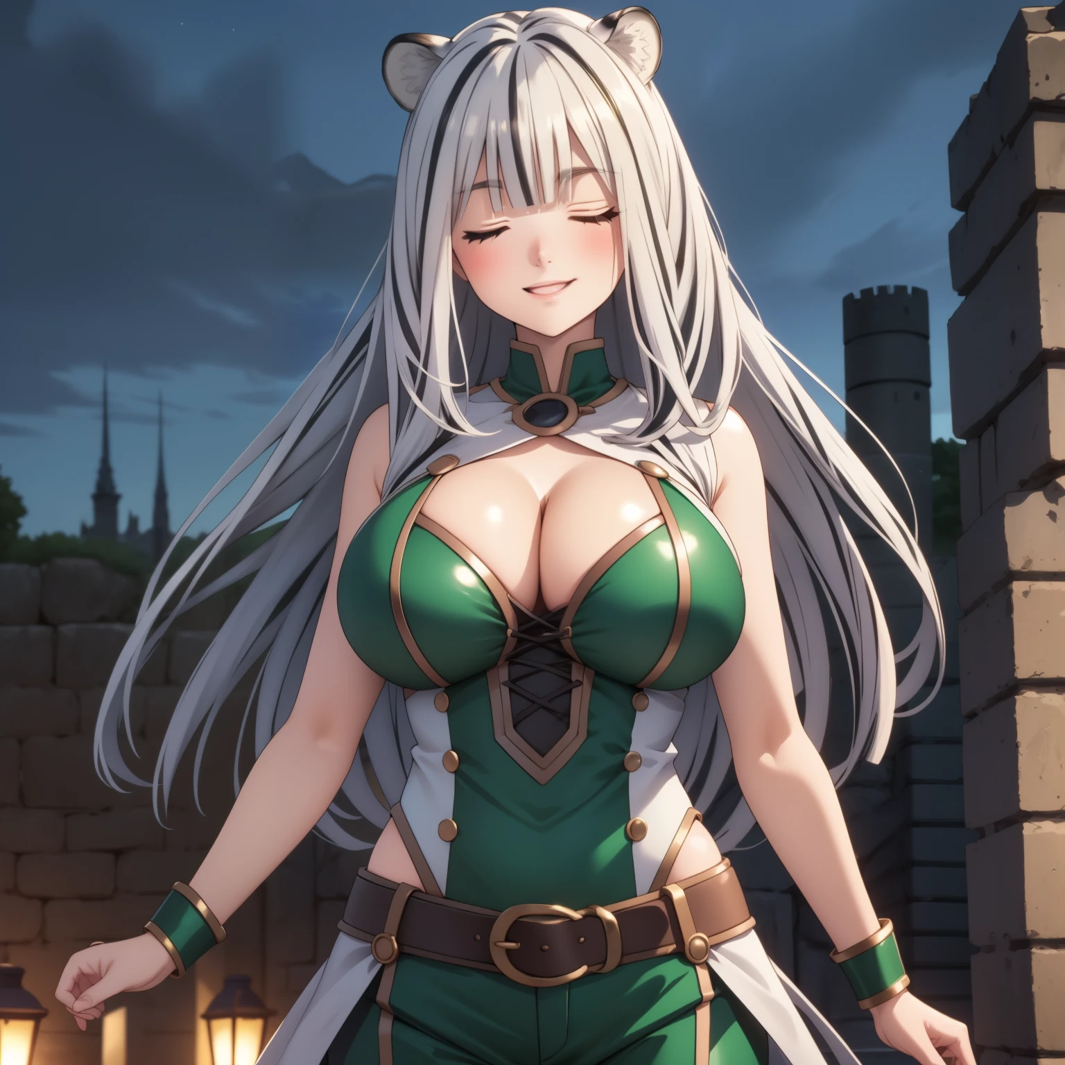 Atlas Fayon woman 40 years, white hair with black stripes ,white tiger ears, closed eyes, mujer ciega con closed eyes, explorer costume, green low cut leather tops, green leather shorts,  big breasts,, background of a ruined castle at night. Starry Night. huge breasts in front of the camera. foreground. smile confidently, expression of confidence.