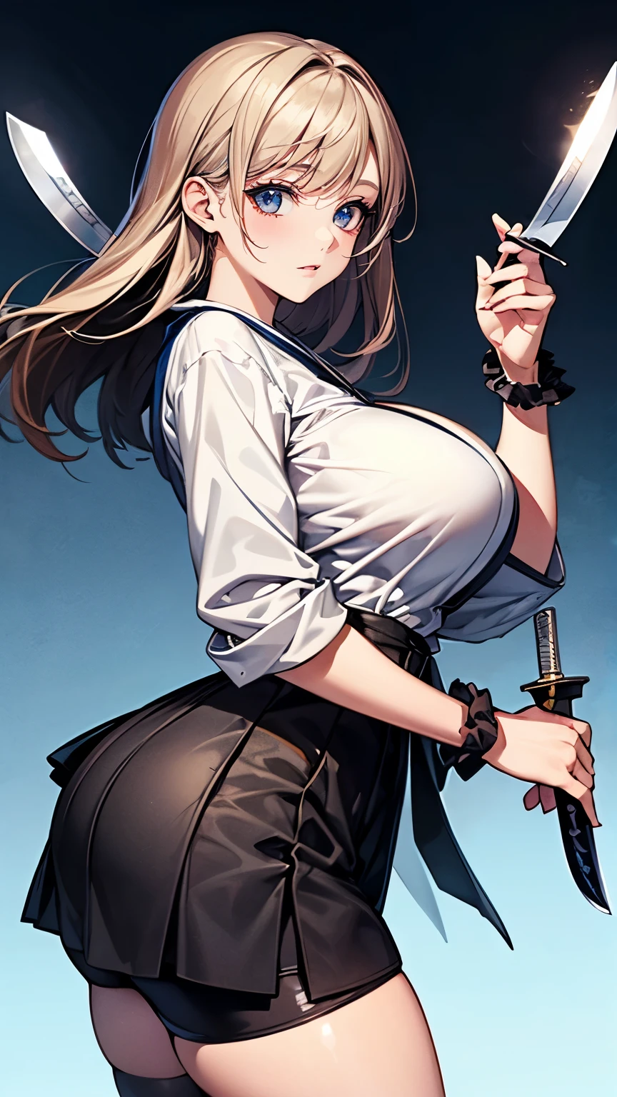 Beauty,Around 20 years old,
((Blonde)),
((漆blackの瞳)),
(Semi-long hair:1.7),
(expression:Puzzled),
Big Breasts,
Cleavage:cover,
((business suit:Waist wrap)),
((Dress shirt:Rolled up sleeves)),
((Slack Pants:No wrinkles)),
((blackのスカーフ:Striped pattern)),
((Rose headband:black)),
((Equipped with a Japanese sword:blackの鞘:Long sword)),
(Plain background:grey:1.5,ID photo),
4K,
high quality,
Highest quality,
Delicate shades,
Detailed depiction,
Depict the whole,
Facial Contour,
Perfect body structure,
Perfect skeleton,
Perfectly symmetrical eyes,
