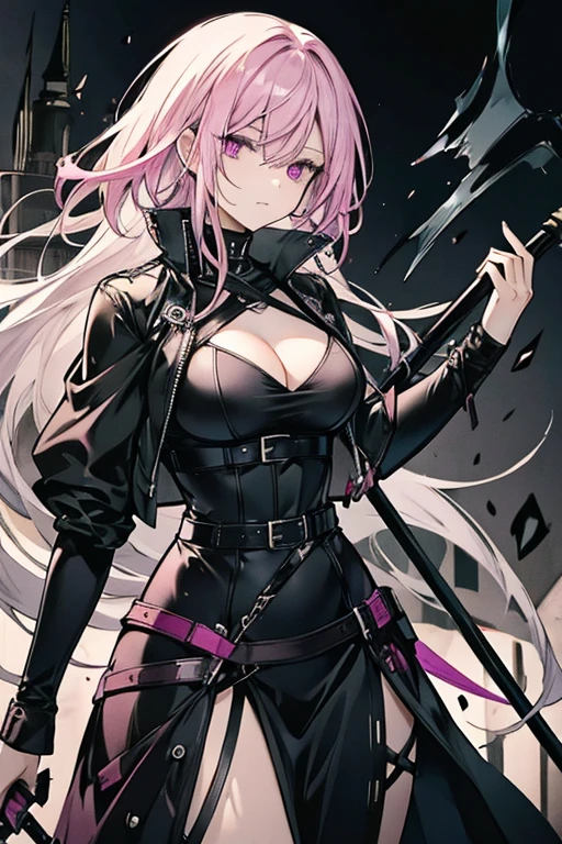 perfect face, perfect hands A pink haired female reaper with violet eyes with an hourglass figure in a leather dress is exploring a creepy castle with her scythe in her hand