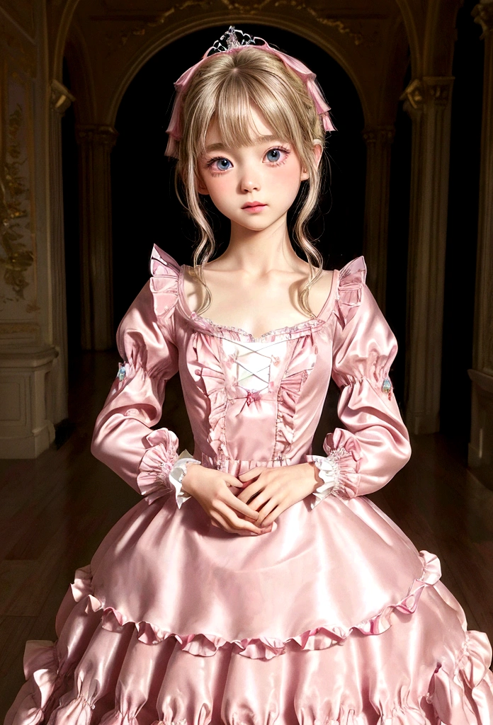 ,highest quality, masterpiece, Highest Resolution, artwork, super それに  3K realistic photos,,((10 year old ***********)),Super detailed baby face, torn Full-length ball gown dress with princess hoop skirt, torn Frilled yoke collar,Ribbon woven on chest,Puff sleeves,Long sleeve,(( torn ****ta style hot pink detailed princess satin dress、Lots of frills and ribbons。)),crazy&#39;Colorful Fashion,Shiny silk satin dress,Soft and smooth silk satin fabric,luxury,Long blonde hair,blue eyes,White skin European,pajamas,((Inside the palace)),Happy dancing princess,Gorgeous flowing dress,Fine white ruffles and lace,Fluttering Dress，