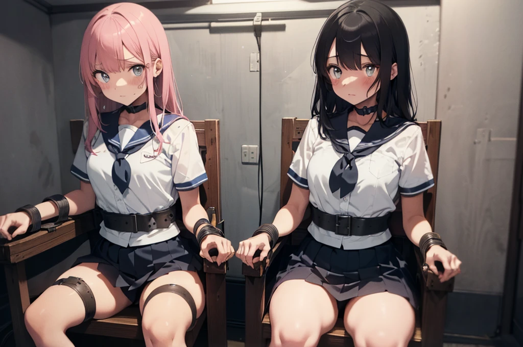 2 girls, ((inside tiny room, strapped to chairs)), (sitting:1.5), (bondage chair:1.5), (blushing:1.5), (open legs:1.5), ((basement, metal room)), (((3 girls, group of girls))), (inside torture room), arms to sides , wrist cuffs, ankle cuffs, (((shocked expression, struggling))), ((short sleeve,  sailor uniform, tight clohing)), arms to sides, long hair, dark hair, saphire eyes, perfect body, perfect face, detailed face, detailed eyes, 16K