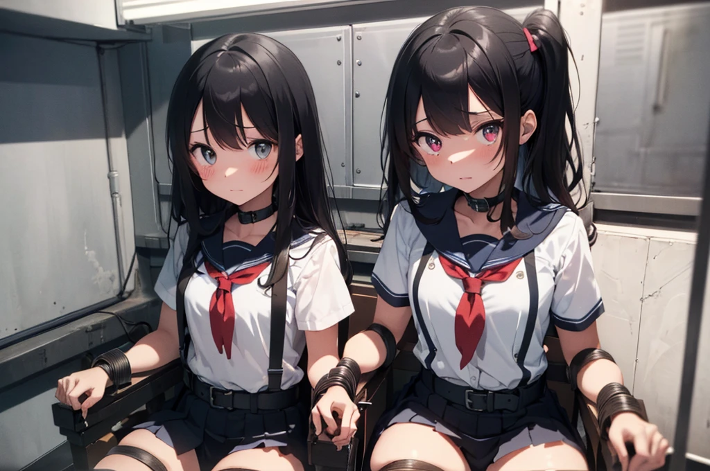 2 girls, (tied up:1.5), tied up, fully restrained, ((inside military vehicle)), ((worried, terrified, crying)), arms up, (((military uniform, tight clothing, short sleeve))), long hair, perfect body, perfect face, detailed face, beautiful face, perfect eyes, detailed eyes, beautiful eyes, provocative