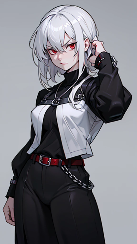 Highly detailed, 1 girl, goeniko, Very pale skin, greyish white hair, shiny red eyes, serious, black goeniko's clothes, medium buson, chunky body, looking to the viewer, pit Black clothes, Large chains in hand