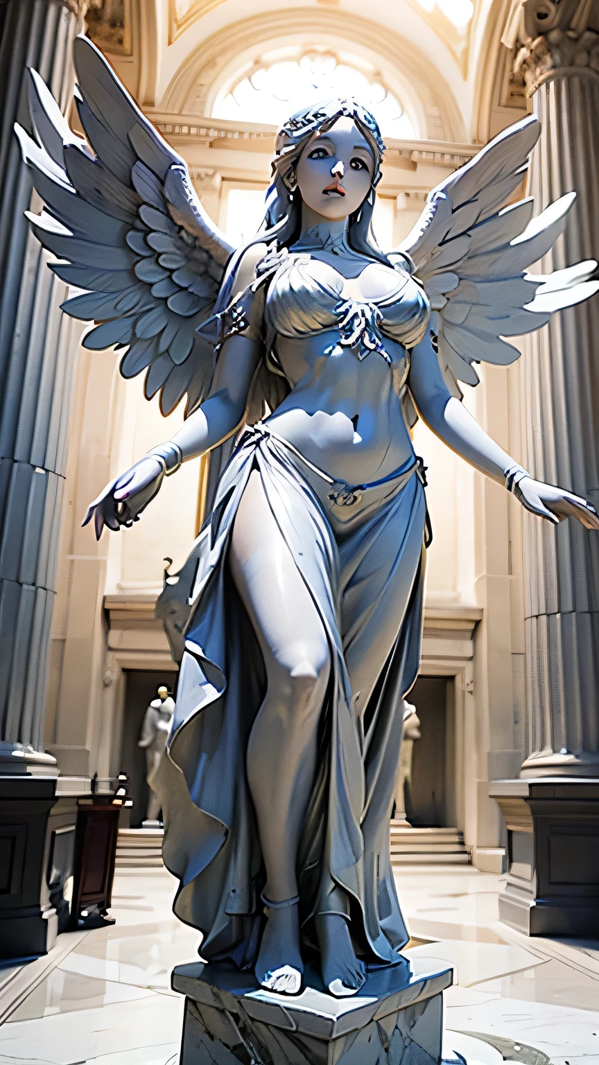 ultra-detailed, Raw photo、(Realistic)、(masterpiece)、(Highest quality)、(High resolution:1.2)、8K、(Perfect Anatomy:1.2)、Full body photo、(Angle from below)、(One female angel statue)、(She is a marble statue:1.4)、(The statue is made entirely of white marble.:1.4)、(The statue sits on a white pedestal:1.3)、(The statue has huge wings folded on its back:1.3)、The female angel statue has a confident smile、Beautiful and well-proportioned face、Beautiful Eyes、Watching the audience、The ultra-see-through gauze toga is meticulously recreated in marble.、(Increased transparency:1.2)、(Sexy hourglass figure:1.3)、(Super big breasts:1.3)、(Narrow waist)、(A dynamic pose like an angel:1.3)、White Temple、It is surrounded by large white stone pillars.、(The angel&#39;s lustrous skin and silky hair are so intricately recreated in marble that she seems almost lifelike.:1.3)、Concept Art