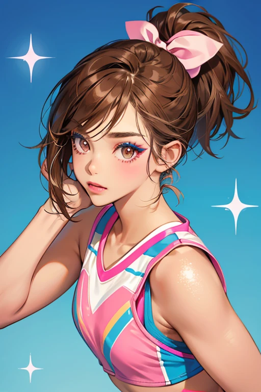 Cheer Diva has tan/medium skin-tone with brown eyes and brown hair tied into a ponytail with a blue and pink bow to accessorize. Her makeup consists of white graphic eyeliner and pink lipstick. SPARKLE; GLITTER