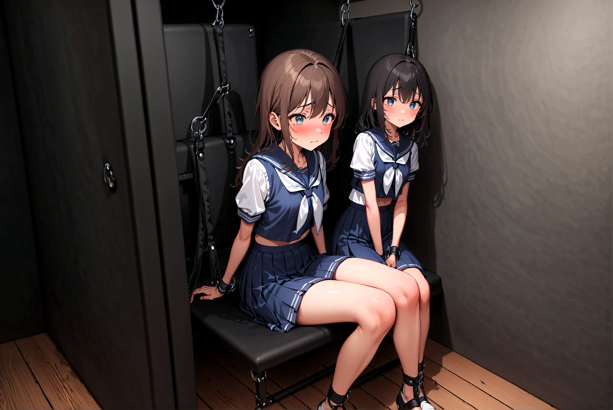 2 girls, ((inside tiny room, strapped to chairs)), (sitting:1.5), (bondage chair:1.5), (blushing:1.5), (open legs:1.5), ((basement, metal room)), (((3 girls, group of girls))), (inside torture room), arms to sides , wrist cuffs, ankle cuffs, (((worried, teary eyes, struggling))), ((short sleeve,  sailor uniform, tight clohing)), arms to sides, long hair, dark hair, saphire eyes, perfect body, perfect face, detailed face, detailed eyes, 16K