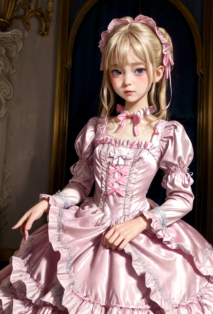 ,highest quality, masterpiece, Highest Resolution, artwork, super それに  3K realistic photos,,((10 year old ***********)),Super detailed baby face, torn Full-length ball gown dress with princess hoop skirt, torn Frilled yoke collar,Ribbon woven on chest,Puff sleeves,Long sleeve,(( torn ****ta style hot pink detailed princess satin dress、Lots of frills and ribbons。)),crazy&#39;Colorful Fashion,Shiny silk satin dress,Soft and smooth silk satin fabric,luxury,Long blonde hair,blue eyes,White skin European,pajamas,((Inside the palace)),Happy dancing princess,Gorgeous flowing dress,Fine white ruffles and lace,Fluttering Dress，