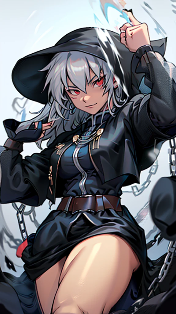 Highly detailed, 1 girl, goeniko, Very pale skin, greyish white hair, shiny red eyes, serious, black goeniko's clothes, medium buson, chunky body, looking to the viewer, pit Black clothes, Large chains in hand