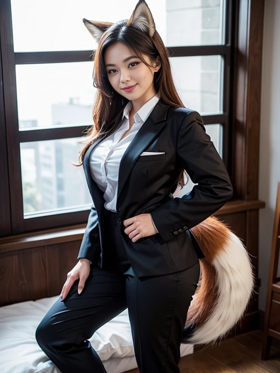 ((Highest quality, 32k)), ((masterpiece)), (Familiar), Perfect Face, Fox Girl, Pretty girl, Office Lady, indoor, Has one tail, She has a northern fox tail, She stretches out her fluffy tail, Beautiful hip line, Thick thighs, She is wearing a business suit, stick your buttocks out to the front, A large tail sticks out, Waving his tail happily, She only has one tail, Smiling Kindly