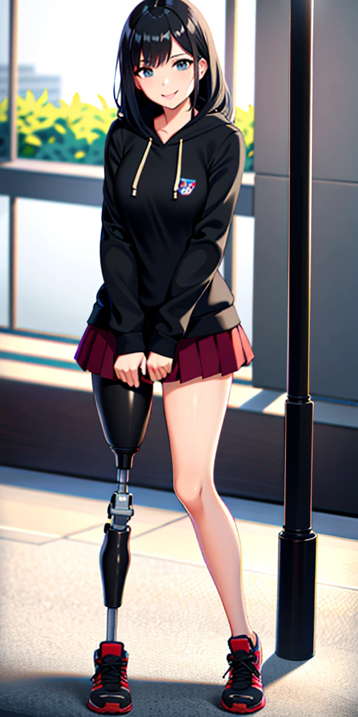 best quality, 1girl, solo, standing, school hall, medium hair, black hair, straight hair, looking at viewer, medium breasts,  (prosthetic leg:1.2), full body, smiling, (skirt:1.2), sneakers, lycra skirt, oversized_hoddie, black oversized_hoddie, nasa_hoddie.