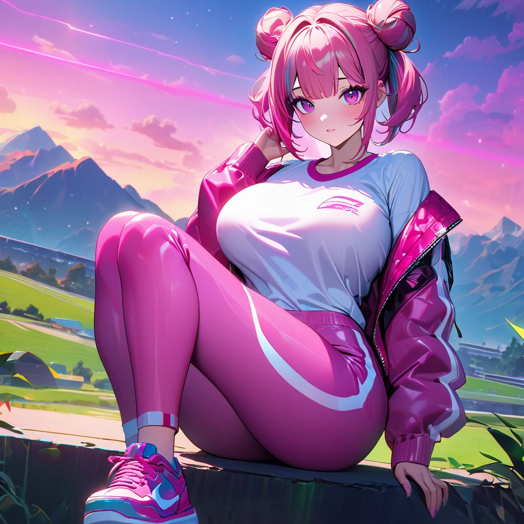 A woman wearing hot pink leather jacket, open jacket, wearing a white shirt with pink string, pink sports pants, sports sneakers, big breasts, hot pink hair, pigtail hair buns, gray bangs, multicolored hair, pink eyes, pink glasses, on a platform synthwave, synthwave aesthetics in place, synthwave sky, mountains in the background, synthwave lawn, UHD , prime work , accurate , anatomically correct , textured skin , super details , high quality , best quality, 8k, high resolution, bokeh effect. (woman alone),
