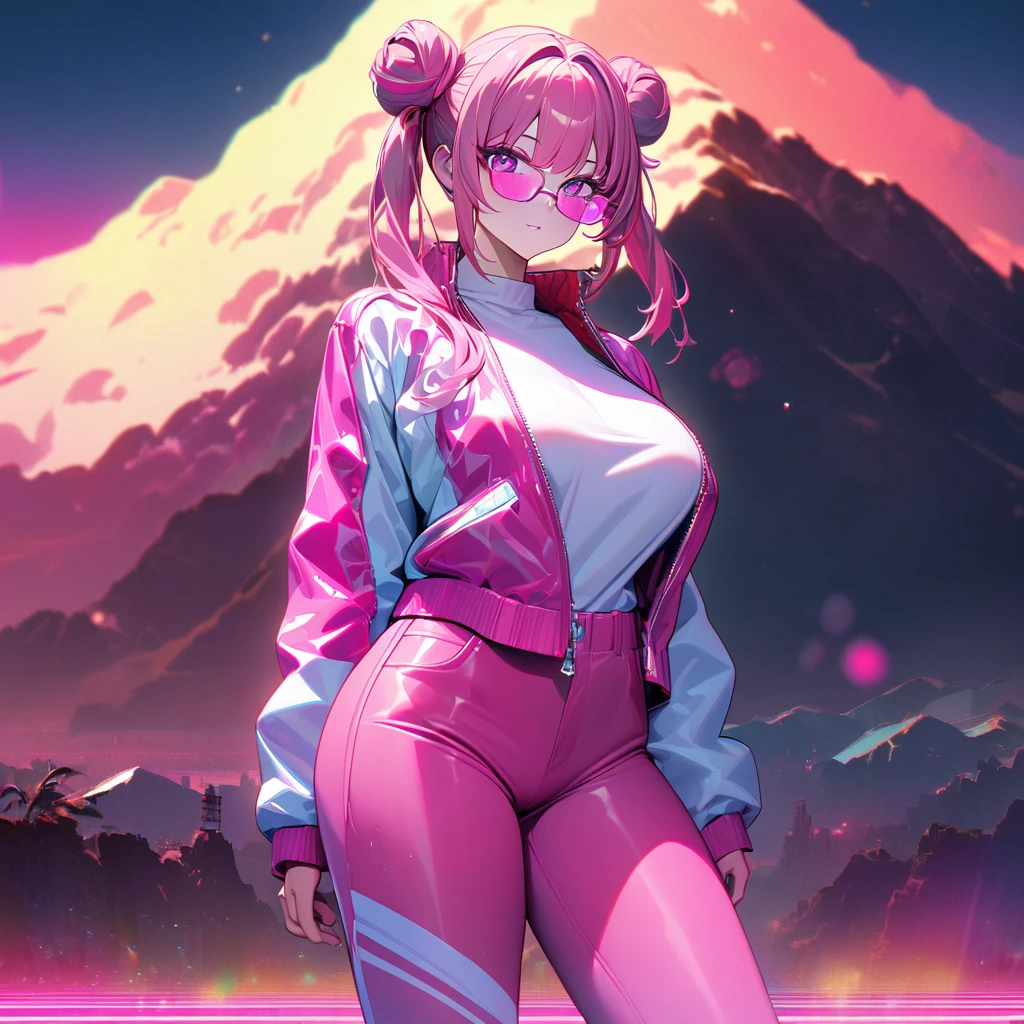 A woman wearing hot pink leather jacket, open jacket, wearing a white shirt with pink string, pink sports pants, sports sneakers, big breasts, hot pink hair, pigtail hair buns, gray bangs, multicolored hair, pink eyes, pink glasses, on a platform synthwave, synthwave aesthetics in place, synthwave sky, mountains in the background, synthwave lawn, UHD , prime work , accurate , anatomically correct , textured skin , super details , high quality , best quality, 8k, high resolution, bokeh effect. (woman alone),
