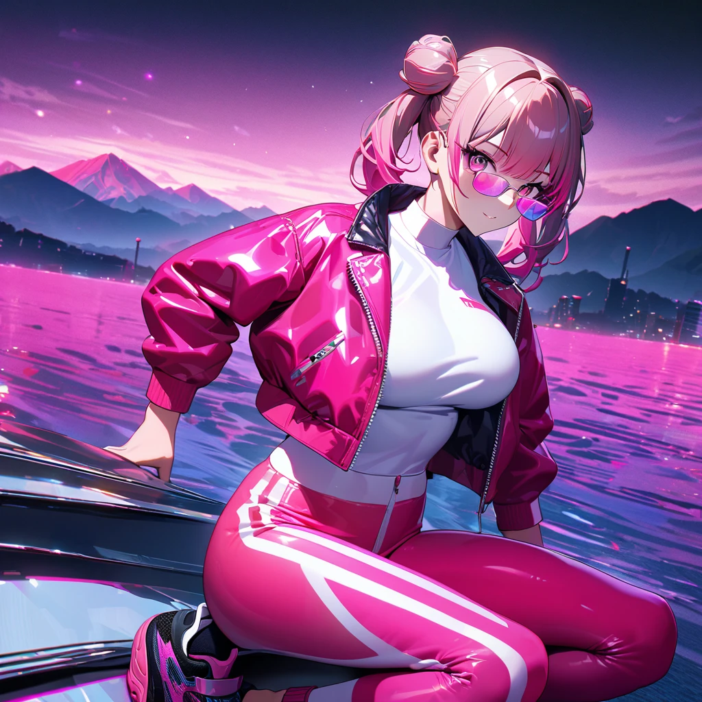 A woman wearing hot pink leather jacket, open jacket, wearing a white shirt with pink string, pink sports pants, sports sneakers, big breasts, hot pink hair, pigtail hair buns, gray bangs, multicolored hair, pink eyes, pink glasses, on a platform synthwave, synthwave aesthetics in place, synthwave sky, mountains in the background, synthwave lawn, UHD , prime work , accurate , anatomically correct , textured skin , super details , high quality , best quality, 8k, high resolution, bokeh effect. (woman alone),
