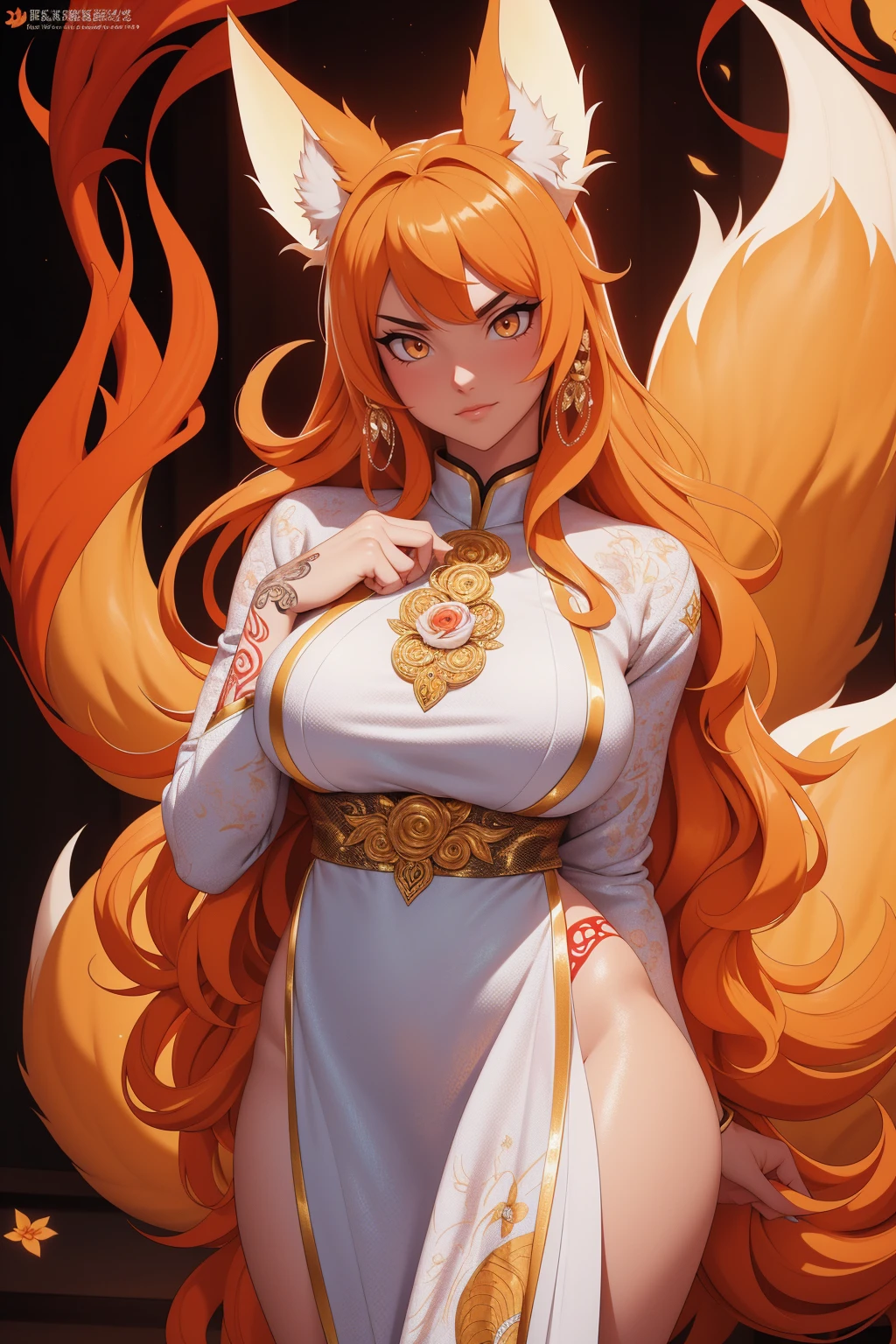 REALISTIC VISION 1.4, BETTER VAE,sharp focus, ultra detail, 32k,realistic photo, intricate details, kitsune, blond hair, (blond hair), gold eyes, intricate details ,woman, nine tails, intricate details,intricate details,big , Voluptuous body, intricate details, Miko, clothes long white dress with red details intricate details, tattoos intricate details, full body,  with a orange nine tails fox , kiuubi (kurama, naruto), angry face,