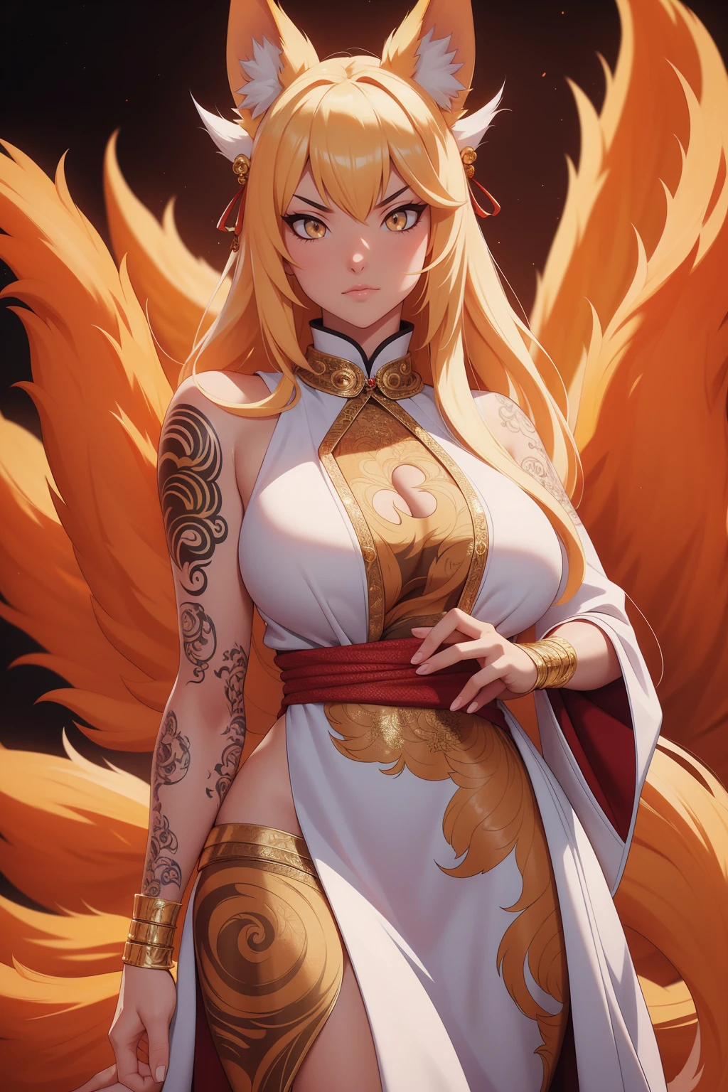 REALISTIC VISION 1.4, BETTER VAE,sharp focus, ultra detail, 32k,realistic photo, intricate details, kitsune, blond hair, (blond hair), gold eyes, intricate details ,woman, nine tails, intricate details,intricate details,big , Voluptuous body, intricate details, Miko, clothes long white dress with red details intricate details, tattoos intricate details, full body,  with a orange nine tails fox , kiuubi (kurama, naruto), angry face,