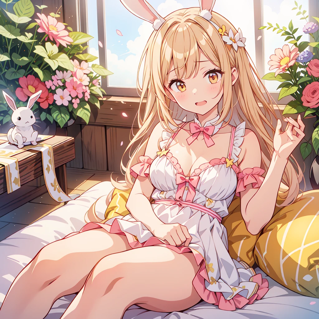 Absurd,(masterpiece、highest quality、8k ),Intricate details,Very detailed,Soft Focus、((Cute 10 year old beautiful girl:1.4)),(smile:1.2)、Silver Hair、Straight bangs、Long Hair、(Bunny ears、Sailor bunny girl in white coat、White knee-high socks:1.3),but,Cute pose、Little rabbit、kitten、Large white lace pillow、Pink Curtains、bay window、Flowers in a vase、Ultra-realistic,Perfect Anatomy、(((White underwear)))、highest quality、masterpiece Lesbian joy beautiful girl Black and blonde ponytail On the bed. 、Small breasts、2 girls,massage the breasts,Put your hand in your panties,