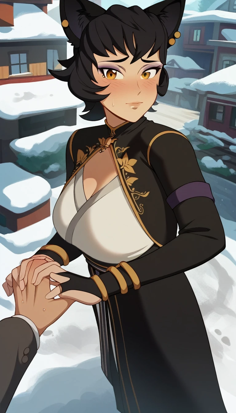 score_9, score_8_up, score_7_up,
mature female,
kali belladonna, large breast,
snowy street,
heavy blush, looking at viewer, holding hands with pov,
from above, from side
standing with arms crossed,
cold