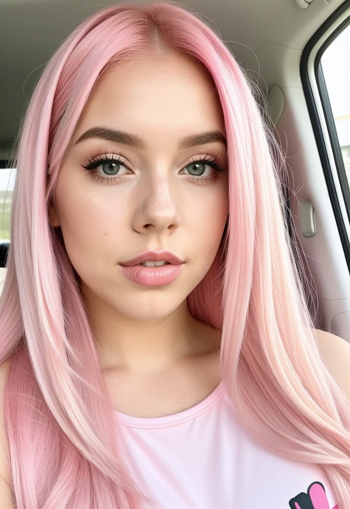 Woman with long pink hair sitting in a car, longos pink hair and big eyes, extremely beautiful face, pale skin curly pink hair, longos pink hair and big eyes, very pretty face, beautiful girl, one with pink hair, pink hair and big eyes, beautiful young model, Perfect face ), beautiful delicate face, pale, shiny skin, with long pink hair, pink hair