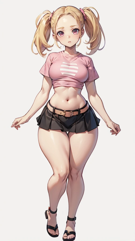 blank background, (((full body))), (masterpiece), ((best quality)), flat chest, (forehead), short twintail, (wide hips:1.6), (thick thighs:1.4), (very short skirt), sandals, belt below navel, blonde, (pink tshirt)