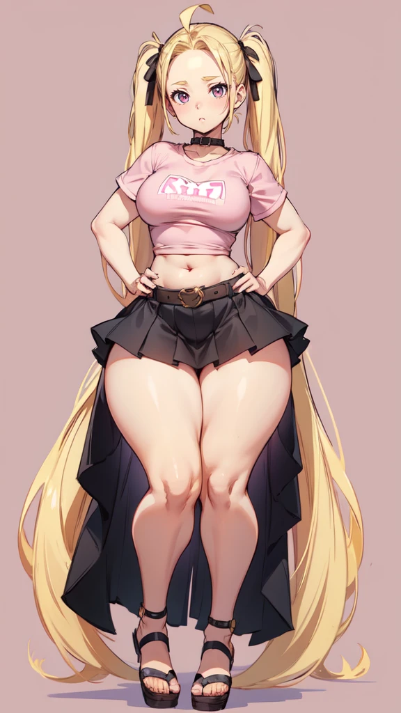 blank background, (((full body))), (masterpiece), ((best quality)), flat chest, (forehead), short twintail, (wide hips:1.6), (thick thighs:1.4), (very short skirt), sandals, belt below navel, blonde, (pink tshirt)