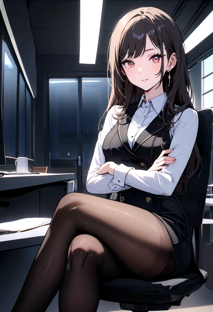 Crossed legs,Office,Pantyhose, rays of light, elegance face