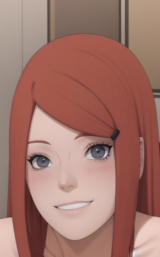 full body, uzumaki kushina, Kushina Uzumaki, masterpiece, high quality, UHD Quality, 4k Quality, perfect, perfection, perfect all,
long red hair, hair ornament, swept bangs, gray eyes, hairclip, perfect face, perfect body, perfect hair, expressive eyes, Soft smile, perfect waist, blushing, naked