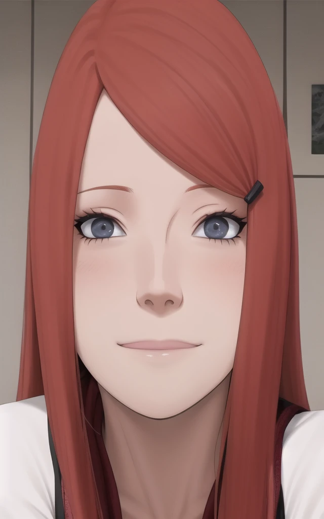 full body, uzumaki kushina, Kushina Uzumaki, masterpiece, high quality, UHD Quality, 4k Quality, perfect, perfection, perfect all,
long red hair, hair ornament, swept bangs, gray eyes, hairclip, perfect face, perfect body, perfect hair, expressive eyes, Soft smile, perfect waist, blushing, naked