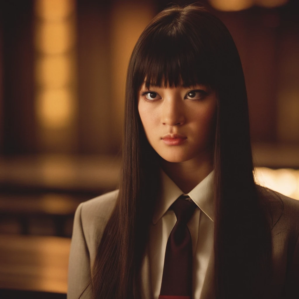 cinematic film still of  Cinematic film image of Gogo Yubari a woman with a very long hair and a tie,1girl,solo,looking at viewer,bangs,brown hair,black hair,brown eyes,closed mouth,blunt bangs,blurry,lips,depth of field,blurry background,portrait,freckles,realistic,nose , Kodak film grain, dramatic light, dramatic shadow light, contrast, saturated color, cinematic, filmic, motion picture, realistic, realism, perfection, perfect, deep focus, clean image, Kill Bill style, Kill Bill Film Style, shallow depth of field, vignette, highly detailed, high budget, bokeh, cinemascope, moody, epic, gorgeous, film grain, grainy