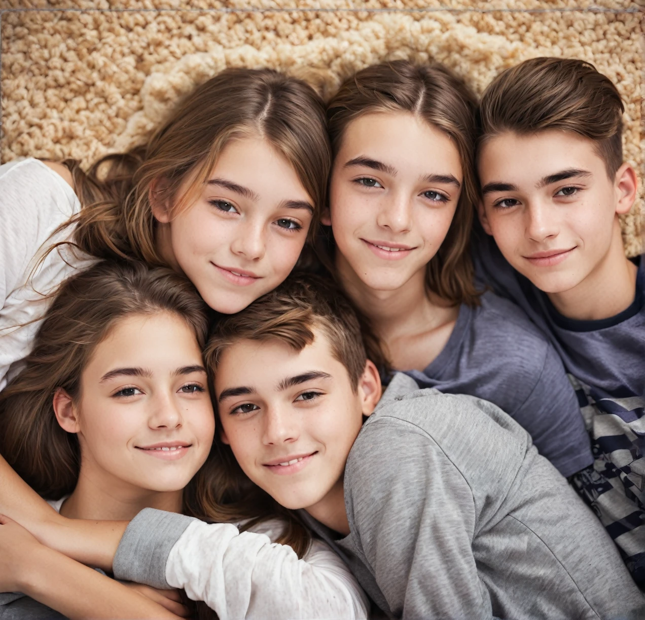 3 different cute teenagers cuddling together