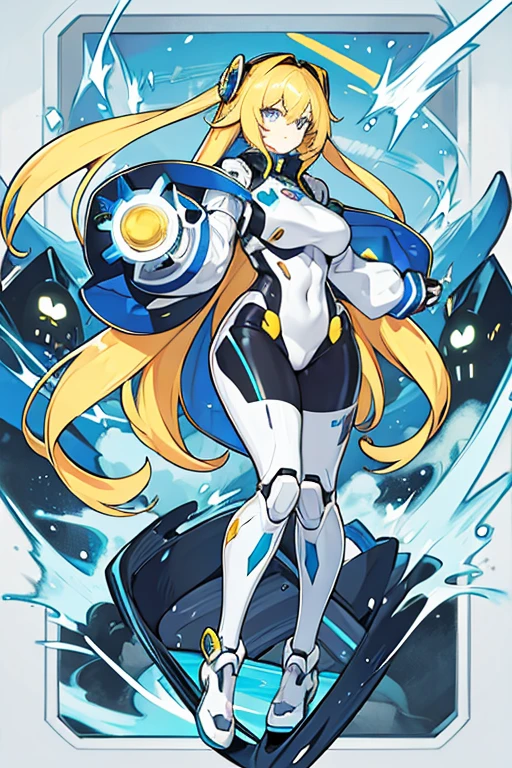 Robot woman, long yellow hair, blue eyes, Sunglasses 