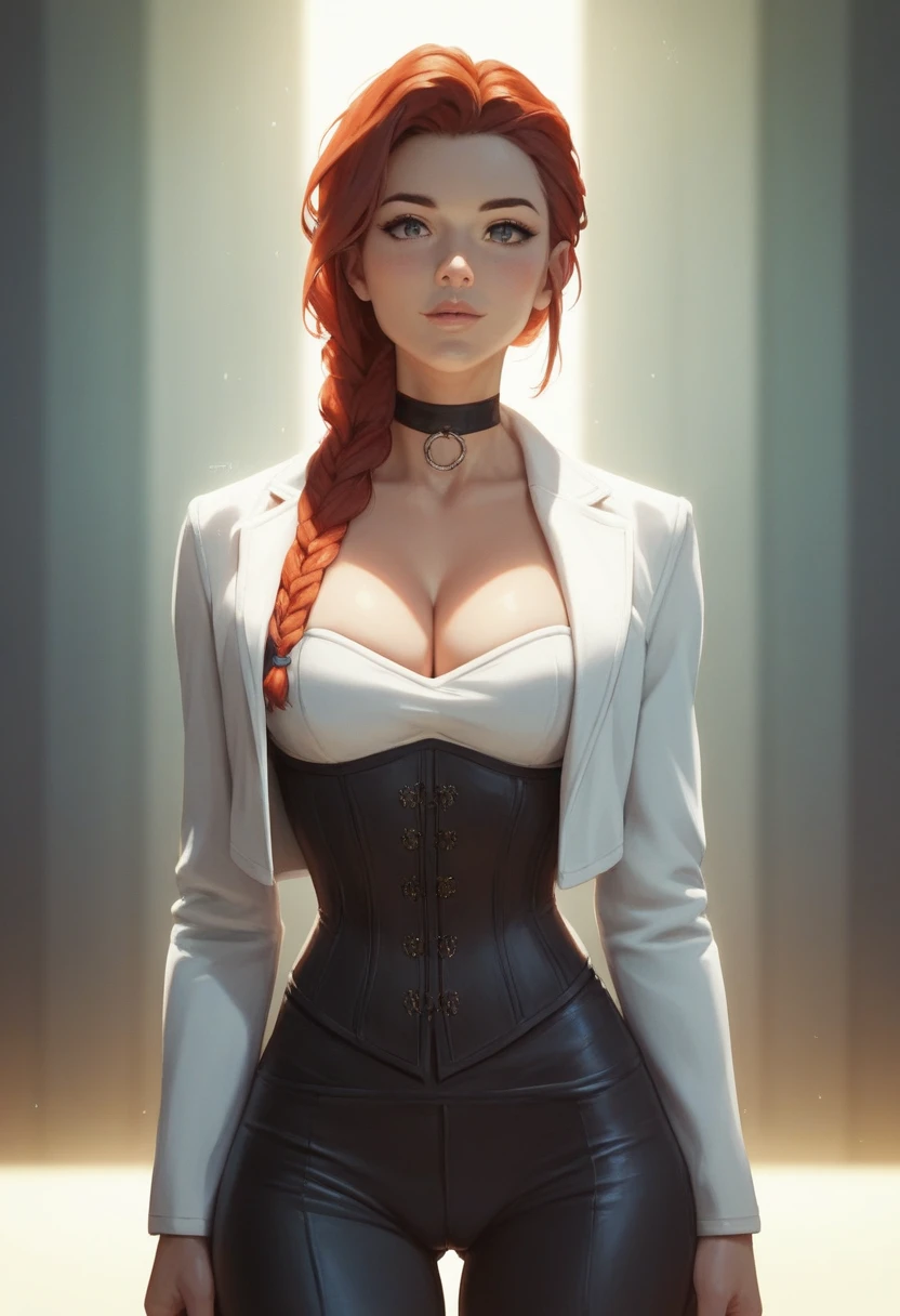 NSFW,One girl, Portrait of a beautiful donkey pex, Athletic ability, White jacket, corset, skirt, pants, Black Hair, Redhead, Braid, compensate, choker, Cleavage, Wide Hips, Volumetric lighting, Highest quality, masterpiece, Intricate details, Tone Mapping, Sharp focus, Super detailed, Trending on Art Station, Realistic anime,cartoon,pantsにpussy line