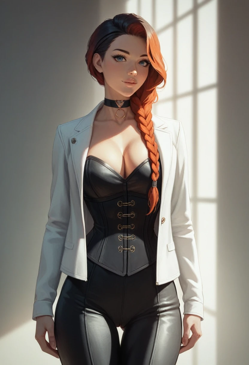 NSFW,One girl, Portrait of a beautiful donkey pex, Athletic ability, White jacket, corset, skirt, pants, Black Hair, Redhead, Braid, compensate, choker, Cleavage, Wide Hips, Volumetric lighting, Highest quality, masterpiece, Intricate details, Tone Mapping, Sharp focus, Super detailed, Trending on Art Station, Realistic anime,cartoon,pantsにpussy line