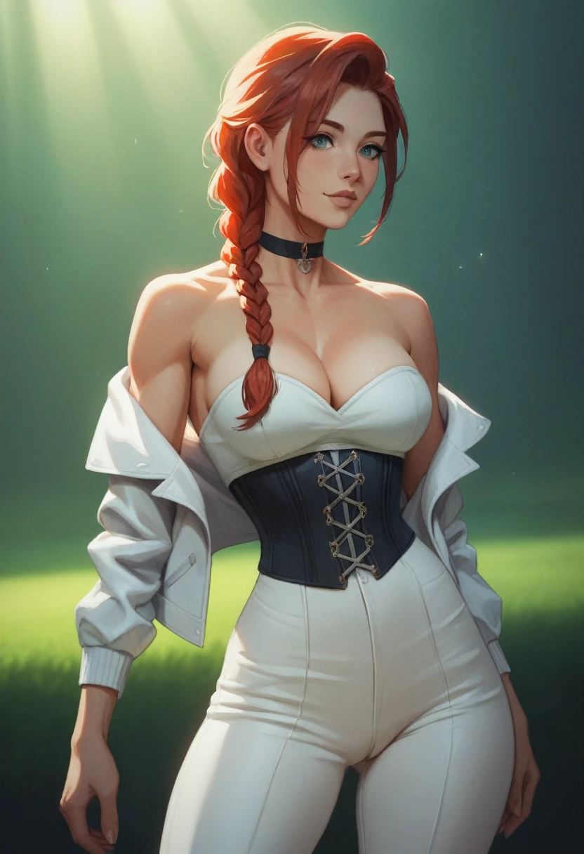 NSFW,One girl, Portrait of a beautiful donkey pex, Athletic ability, White jacket, corset, skirt, pants, Black Hair, Redhead, Braid, compensate, choker, Cleavage, Wide Hips, Volumetric lighting, Highest quality, masterpiece, Intricate details, Tone Mapping, Sharp focus, Super detailed, Trending on Art Station, Realistic anime,cartoon,pantsにpussy line