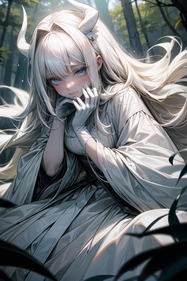 (masterpiece, best quality), 1girl, <lora:sdxl-gomon-hime:0.8> gomon-hime, princess, silver mini crown, flipped hair blonde hair long hair short sidelock shiny hair blunt bangs, blue eyes eyelashes thick eyebrows, toenails, white shirt off shoulder long sleeves oversized shirt long shirt wide sleeves, black collar