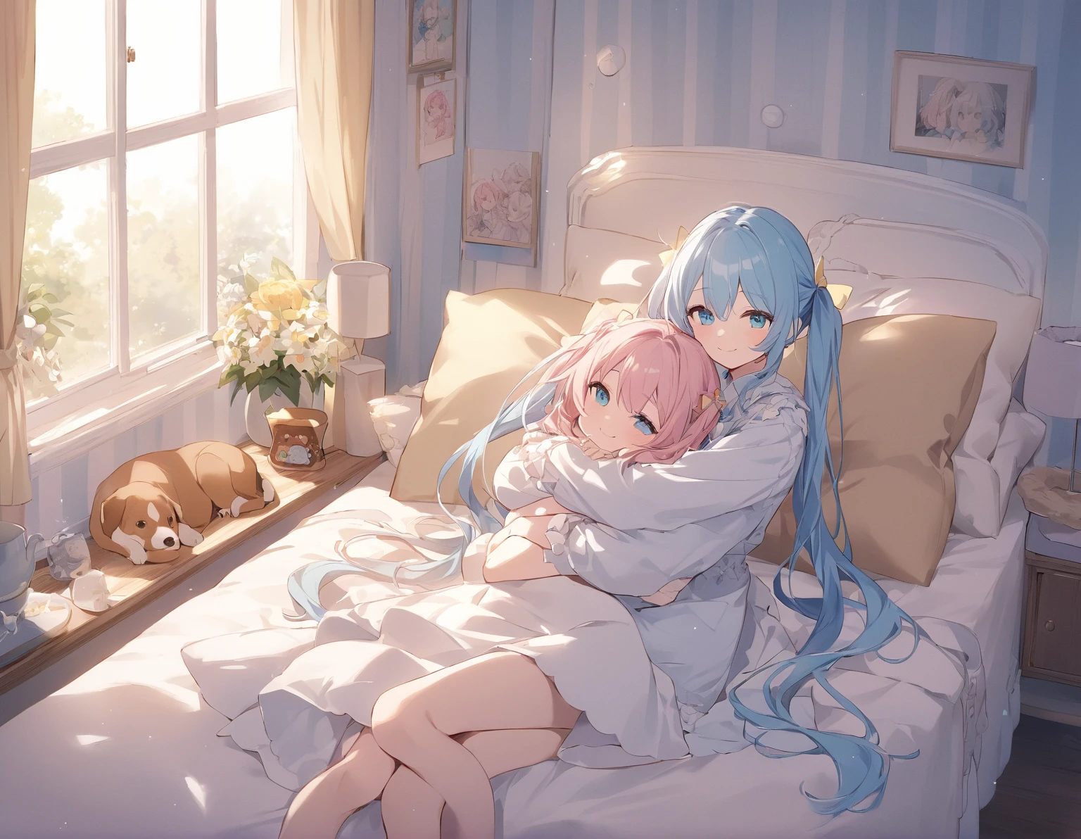 The room is decorated with many margaret flowers....、Margaret flowers on the windowsill、The morning sun is shining、Long light blue hair、beautiful girl with twin tails、Bright smile、Sit on the bed hugging a large pillow、My dog is watching over me beside my bed.