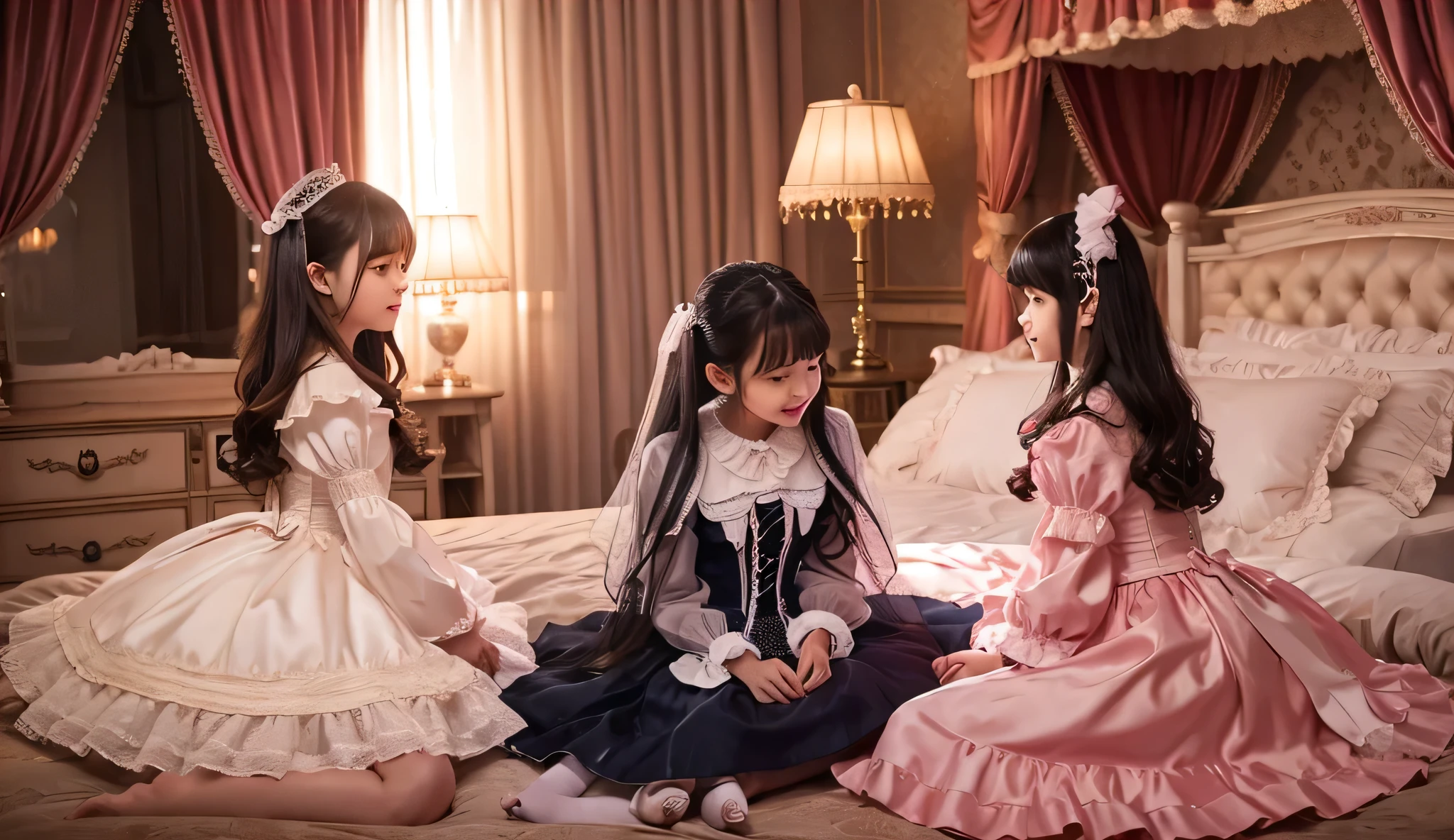 A friendship between three -yeld gi, The girls are wearing Lolita style pajama dresses with frills and ribbons. A kids room based on pastel colors.. Whispering on the bed, pink princess bed,pop frill pillow, pajama party, (highest quality), (masterpiece:1.3), (photorealistic:1.36), (realistic), super detailed,