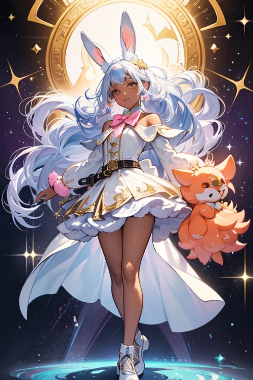 Carats is an dark skinned with iridescent white glittery hair, and brown eyes. She wears an sparkly silver trenchcoat dress with a gold bow belt, sparkly silver slip on shoes with pom poms, and sparkly rabbit ears. Her lips are light coral orange. She has white freckles. SPARKLE; GLITTER