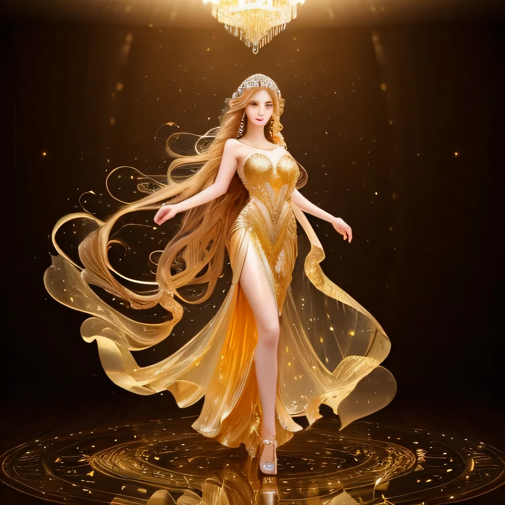 (Ultra-realistic,high resolution:1.2),beautiful woman in golden transparent dress ,beautiful detailed eyes,Long flowing hair,floating ethereal fabrics,elegant pose,bright coloured,soft lighting,luxurious texture,ethereal atmosphere,portraite,romantic,colorfully,suggestion of mystery, american face, golden long hair, gold skin