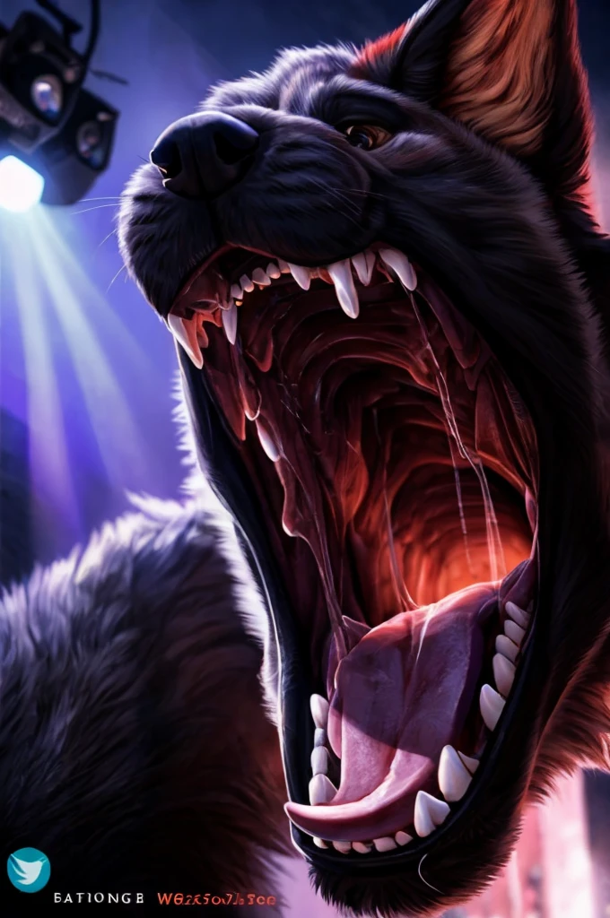 a massive close-up of a male canine's maw, wide open mouth with saliva and drool, extremely detailed, photorealistic, 8k, hyper detailed, studio lighting, cinematic, dramatic lighting, shallow depth of field