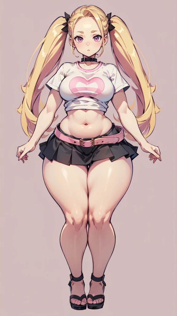 blank background, (((full body))), (masterpiece), ((best quality)), flat chest, (forehead), short twintail, (wide hips:1.6), (thick thighs:1.4), (very short skirt), sandals, belt below navel, blonde, (pink tshirt)