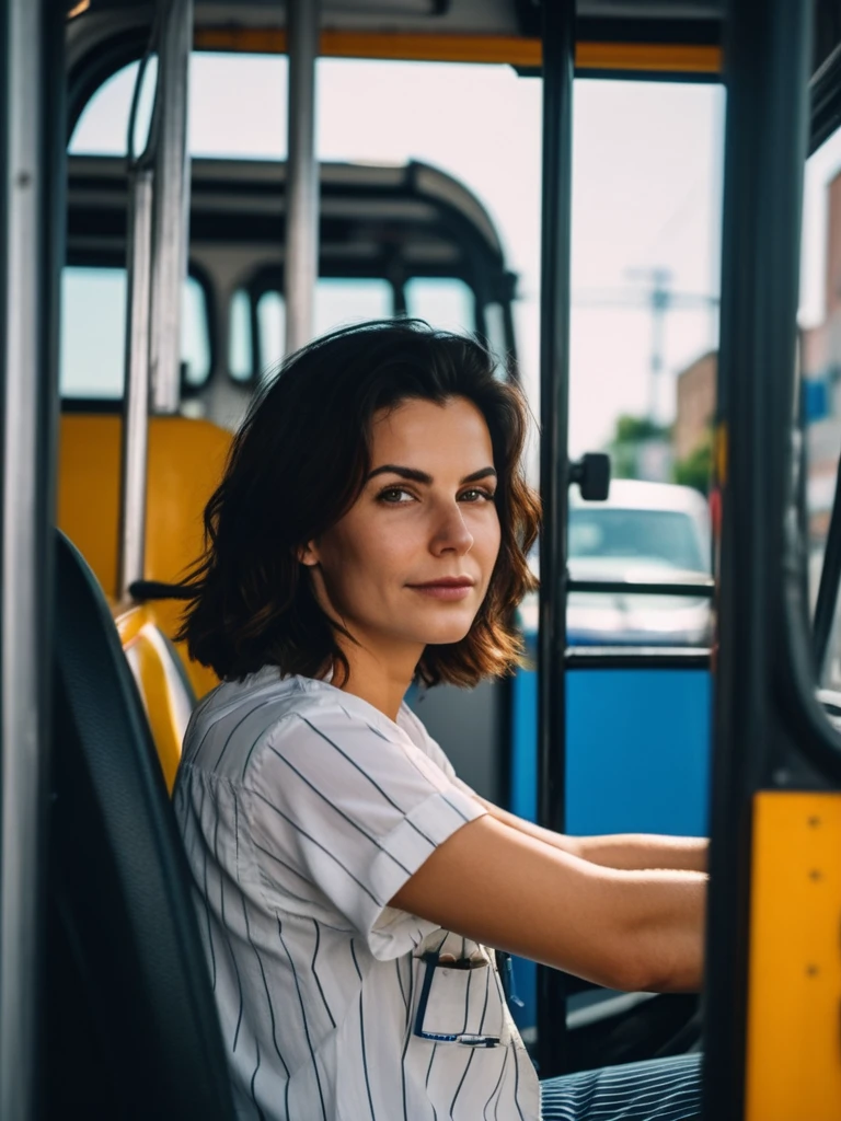 cinematic photo professional close-up portrait photography of the face of a beautiful (((ohwx woman))) driving a city bus, Nikon Z9 . 35mm photograph, film, bokeh, professional, 4k, highly detailed