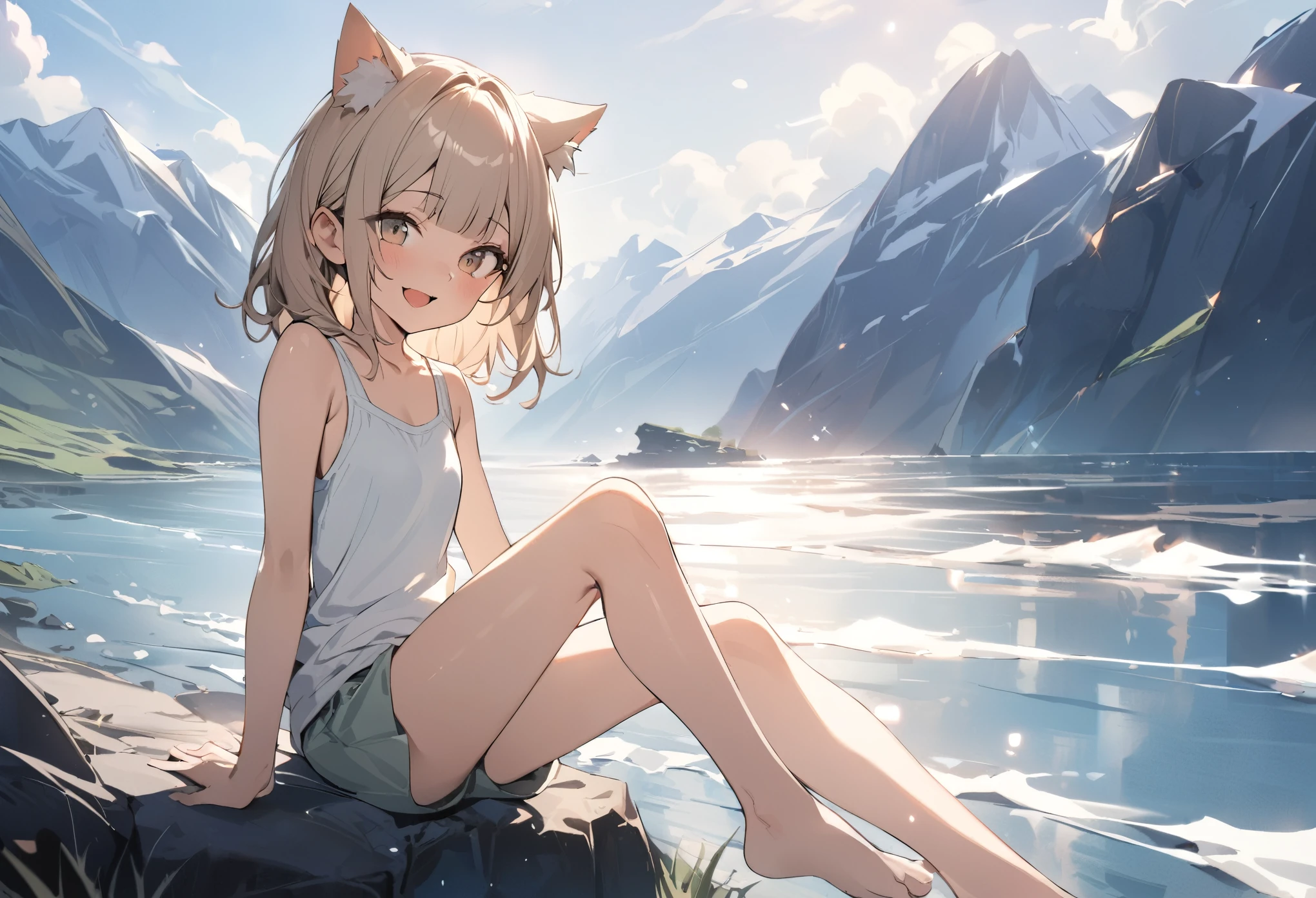 ((Masterpiece)), ((best quality)), (Anime:1.3), (RAW photo:1.2),(High Definition:1.3), (Professional Photography:1.4), (very aesthetic:1.2), (absurdres:1.2), ((12 years old)), 8K, Glossy skin, cinematic lighting, 1girl, wide shot, (Knit fabric tank top), cute boxer shorts, (Cute girl), (Healthy slim body), small breast, glossy medium hair, (loose blunt bangs), ((:3)), open mouth, (naughty smile), beautiful collarbones, (slightly exposed shoulders), (put on cat ears), pale brown hair, Hair that flutters in the wind, BREAK, ((best quality)), (very aesthetic:1.2), (absurdres:1.2), ((reaching legs to the front)), (close up bare sole of foot), (loose sitting on the Vast fjords), summerday, Beautiful Mountains Background,