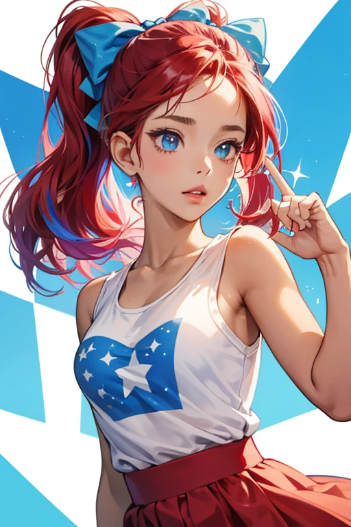 Jubilee has tan skin with blue raspberry colored eyes. Her hair is red, white, and blue. She has a blue tank top with white stars on it. She also has a red skirt with white bows on it. SPARKLE; GLITTER