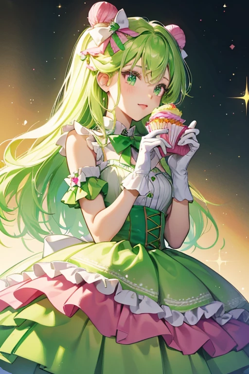 Festive B.B. has green and light green ombre hair. She has an ombre green dress with a pink bow. She also has pink gloves. She comes with a cupcake. SPARKLE; GLITTER