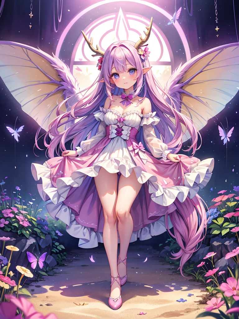 purple dress white cat fairy, pink dress fairy, Farmbackground,Barnbuildings,butterflywings,longpurplewavyhair,bugantennas,detailedeyes,fullbody,batears,monstergirlPokémonmix,Fairy, Antlers, Magic girl, wings, Masterpiece, vibrant colors, whimsical, glow,mushroom, monster girl,horse, Unicorn, Pegasus, magical. fantasy, 